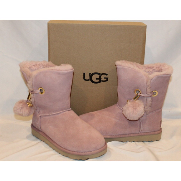 UGG WOMEN'S IRINA STAR CHARM BAILEY POM SUEDE‎ SHEARLING ANKLE BOOTS PINK - Picture 3 of 9